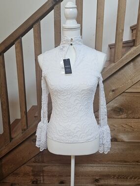 bebe White Lace High Neck Cold-Shoulder Blouse